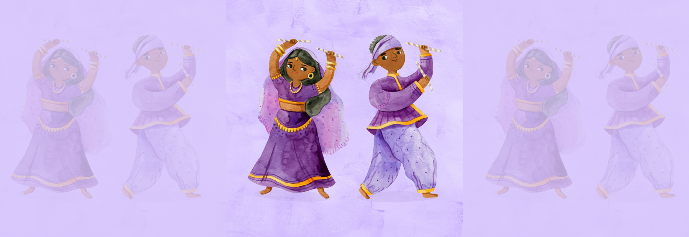 narysowane dzieci tańczące w hinduskich strojach, fioletowe tło.